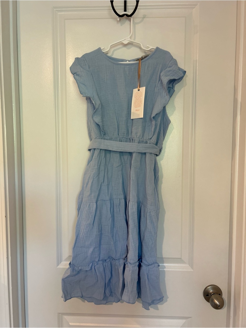 Grace Karin Light Blue Ruffle Girls Dress with Waist Tie